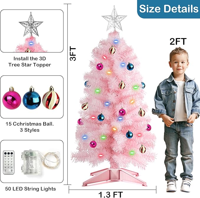[ 12 Modes & Remote Control ] SURCVIO 3 Ft Christmas Tree with Timer 50 Four Color LED Lights DIY 15 Ball Ornaments Star Artificial Xmas Tree Indoor Outdoor Home Holiday Decorations (Pink)