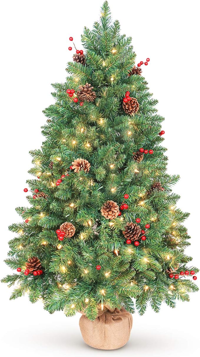 4FT Prelit Christmas Tree, Artificial Tabletop Xmas Tree, Small Christmas Tree Pre-Decorated with Pinecones and Berries (150 Clear Warm Lights and Realistic 380 Thicken Tips, Cloth Bag Base)