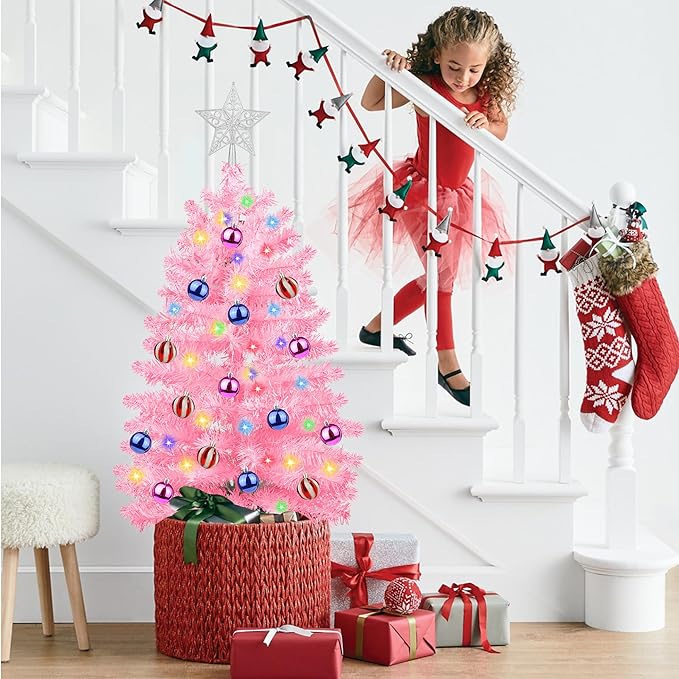 3FT Pink Christmas Tree Tinsel with 50 Warm White & Multi Color Fariy Light 3D Star 15 Ball Ornament, 12 Light Modes Timer Battery Operated Small Artificial Full Xmas Tree Table Indoor Holiday Decor