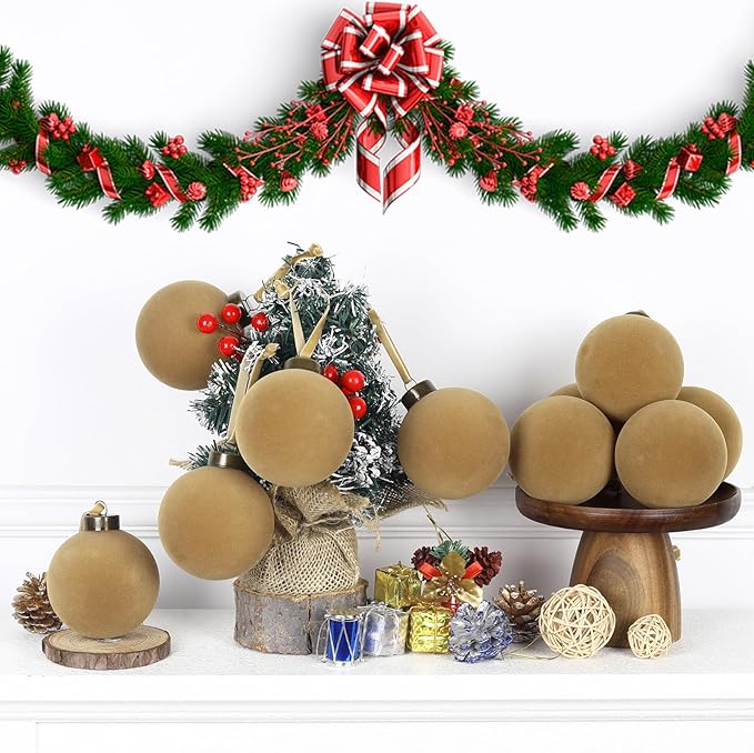 6 Pcs Velvet Christmas Balls Bulk Shatterproof Plastic Christmas Tree Decorations for Decorative Hanging Baubles (6, Khaki, 3.94Inch)