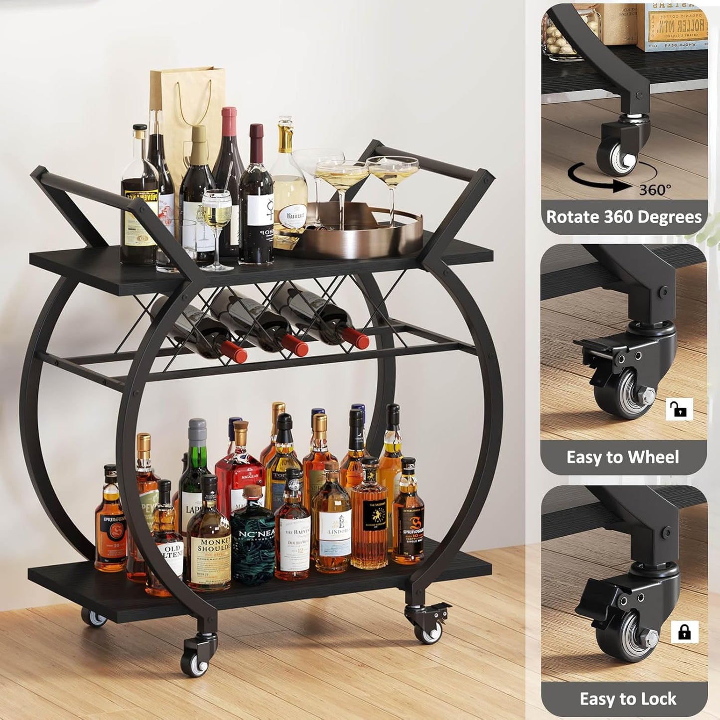 LVB Black Wine Cart with Wheels, Modern Bar Cart with Wine Rack, Industrial Beverage Rolling Kitchen Serving Cart with Storage, Metal Wooden Microwave Drink Liquor Cart for Home Dining Room, Black Oak
