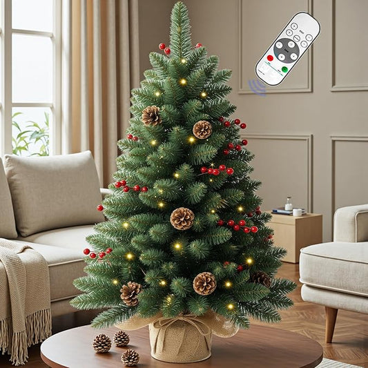 3FT Pre-lit Artificial Small Mini Christmas Tree with Warm White Multi-Color LED Lights, Remote Control and Timer, Perfect for Xmas Tabletop Decorations, Home, Kitchen, Dining Table top