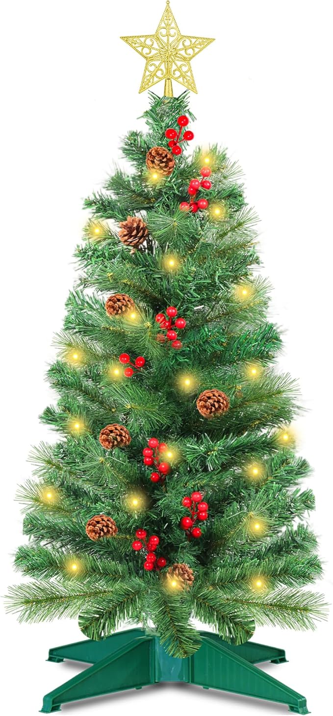3 Ft Green Christmas Tree with Lights, Timer 8 Modes DIY 50 Warm White Lights Battery Operated Small Artifical Full Xmas Tree Pine Needles Cones Red Berry for Tabletop Home Indoor Holiday Party Decor