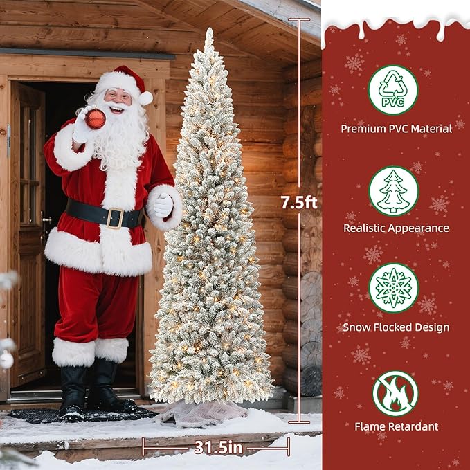 Pencil Prelit Christmas Tree 7.5ft - Skinny Flocked Artificial Christmas Tree with 290 Warm White Lights, 896 Snowy PVC Branch Tips, Slim Holiday Tree Decoration for Xmas - White