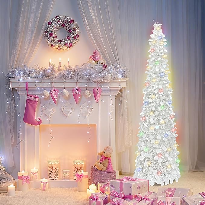 BTU Pop Up Christmas Tree, 5FT Collapsible Artificial Christmas Tree with 90 LED Lights, Tinsel Small Pencil Christmas Tree for Home Holiday Fireplace Party Indoor Outdoor Xmas Decorations (White)