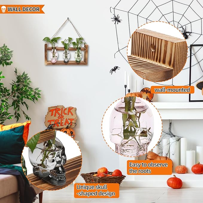 Plant Terrarium Propagation Stations Hydroponics Halloween Skull Planter Vase Skulls Decor with Wooden Stand Gife for Father