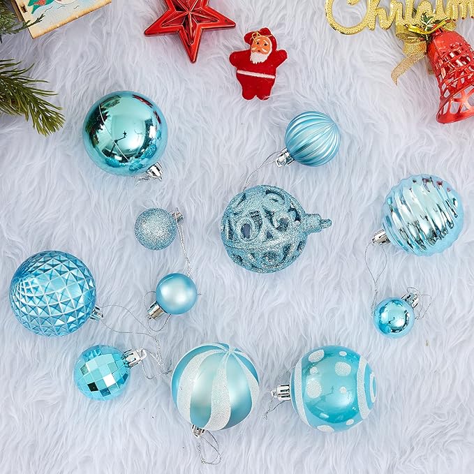 100PCS Christmas Ball Ornaments, Assorted Shatterproof Christmas Tree Decorations, Seasonal Decorative Hanging Baubles Decor Set for Xmas/Holiday/Party, Glitter&Painting Ornament Set (Light Blue)
