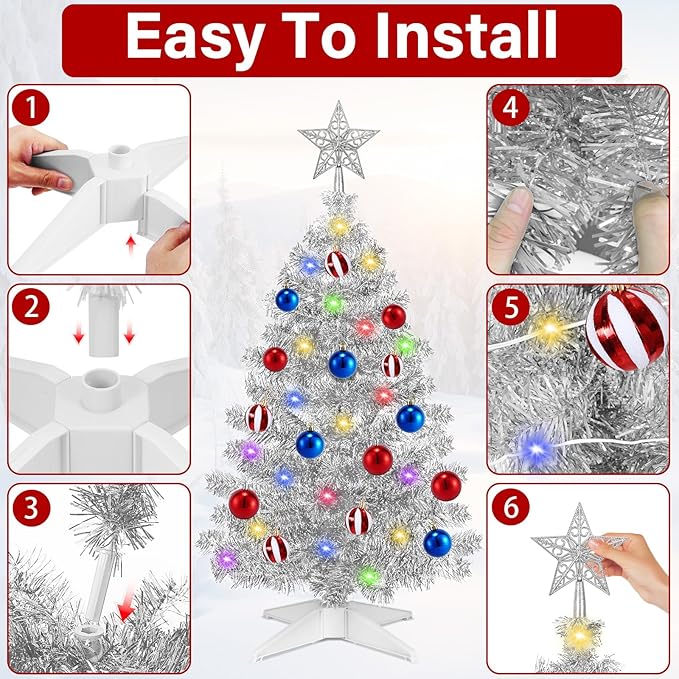 [ Timer & 12 Modes ] 3 Ft Sliver Christmas Tree with DIY 50 Warm White & Multi Color Lights 15 Ball Ornaments 3D Star Remote Control Battery Operated Pencil Full Tree Xmas Christmas Decorations Table