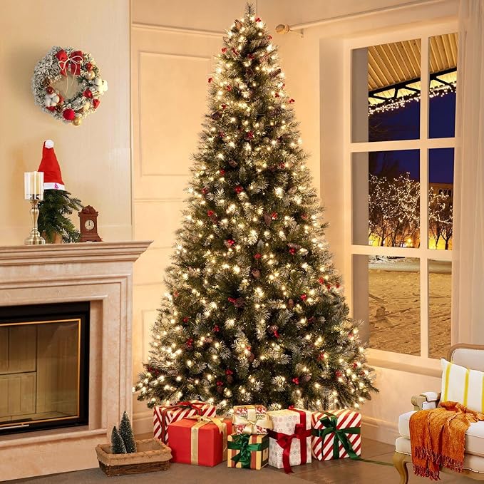 Vancouver 7.5ft Frosted Prelit Artificial Christmas Tree with Pine Cones,Faux Berries, Foot Pedal, 1346 Branch Tips,550 Warm Lights & Metal Stand, 53" Wide Realistic Decorated Spruce Christmas Tree