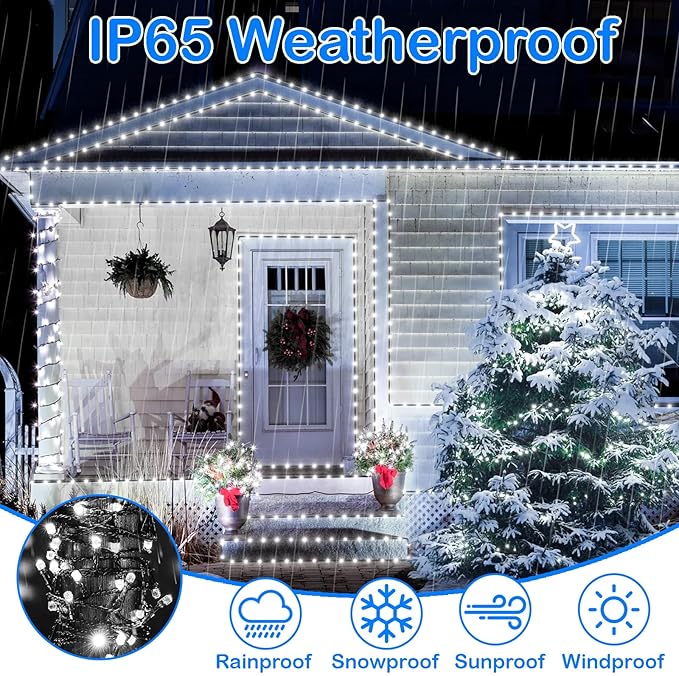 Decute 300LED Christmas String Lights Outdoor Waterproof 105FT UL Certified with End-to-End Plug 8 Modes, Cool White Indoor Starry Fairy Lights for Christmas Tree Patio Garden Wedding Party Decor