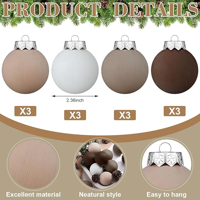 12 Pcs Neutral Matte Christmas Ball Ornaments 2.4 Inch Rustic Boho Cream Beige Tan Brown Xmas Bulbs Ornament Vintage Xmas Baubles Modern Christmas Decor for Tree Farmhouse Decor