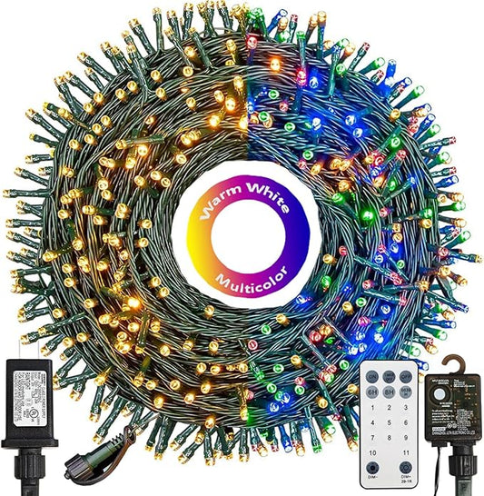 Decute 300LED Christmas Tree Lights Outdoor Indoor String Lights 108FT Extendable, 11 Modes 4 Colors Changing Waterproof Twinkle Fairy Lights Party Decor with Timer Remote(Warm White & 3 Multicolors)