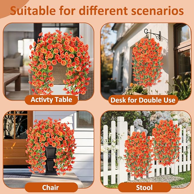 Rich and Eye-catching 5 PCS Artificial Hanging Flowers，Silk Morning Glory Faux Flowers with Eucalyptus Leaves,uv Resistant Fake Hanging Petunias Plants for Yard Decoration(Orange)