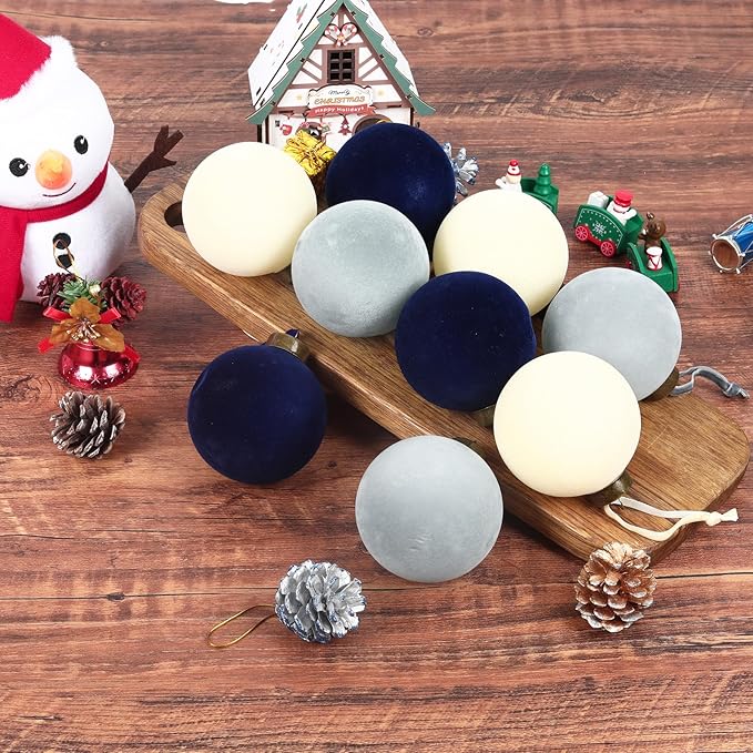 24 Pcs Velvet Christmas Balls Bulk Shatterproof Plastic Christmas Tree Decorations for Decorative Hanging Baubles (24, Beige、Haze Blue、Navy Blue, 3.15Inch)