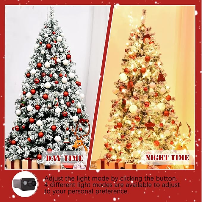 4FT Pre-Lit Snow Flocked Christmas Tree, Small Holiday Xmas Tree with 450 Branch Tips, 150 Warm Lights, Foldable Stand for Party Decoration
