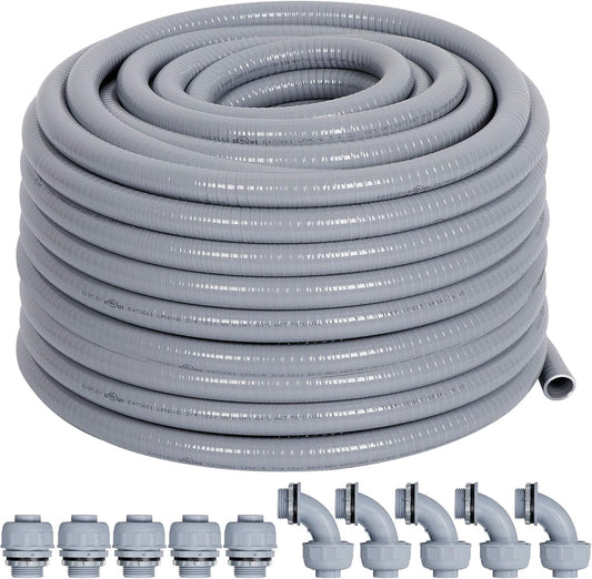 Liquid-Tight Conduit 3/4 50ft, Electrical Conduit w/UL Certification, Flexible Conduit with 5 Straight and 5 90-Degree Conduit Connector Fittings