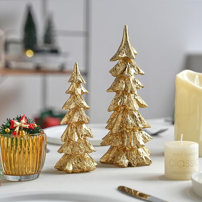 2Pcs Gold Christmas Tree Figurines, Resin Christmas Trees with Weathered Finish, Small Decorative Tabletop Trees for Mantel, Modern Holiday Home Decor for Living Room, Office, Festive Centerpiece
