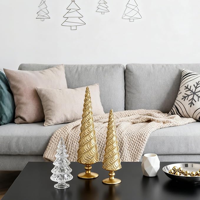 2Pcs Christmas Tree Figurines, Gold Resin Christmas Trees with Spiral Design, Small Decorative Tabletop Trees for Mantel, Modern Holiday Home Decor for Living Room, Office, Shelf, Festive Centerpiece