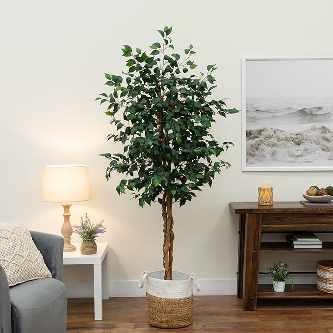 Nearly Natural 6ft. Triple Trunk Ficus Artificial Tree with Natural Trunks in Handmade Natural Jute and Cotton Basket Planter
