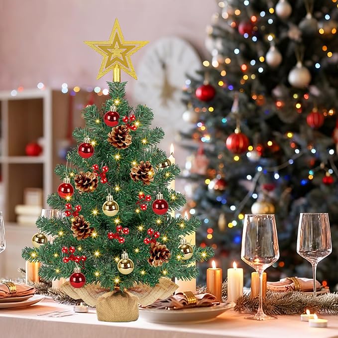 [ Timer & 8 Modes] 24 Inch Artificial Mini Christmas Tree with 50 Warm White Lights Star Treetop and Ornaments Small Tabletop Christmas Tree for Indoor Home Table Christmas Decorations