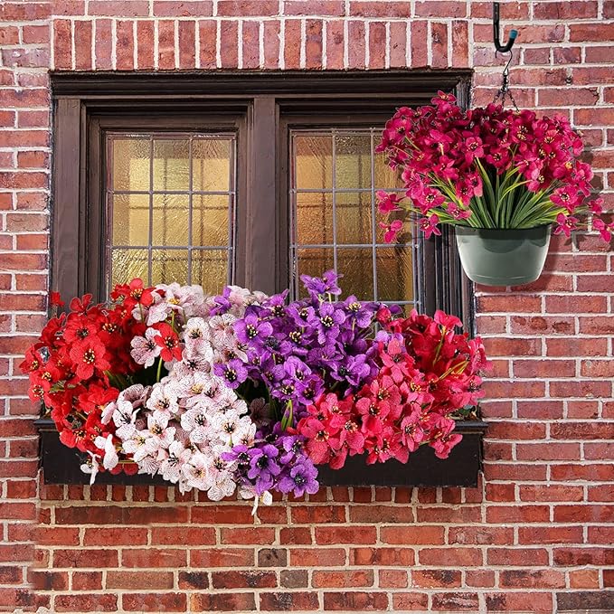 20 Bundles Artificial Flowers Outdoor UV Resistant Fake Flowers No Fade for Patio Porch Window Box Home Wedding Farmhouse Decor (Rose Red)