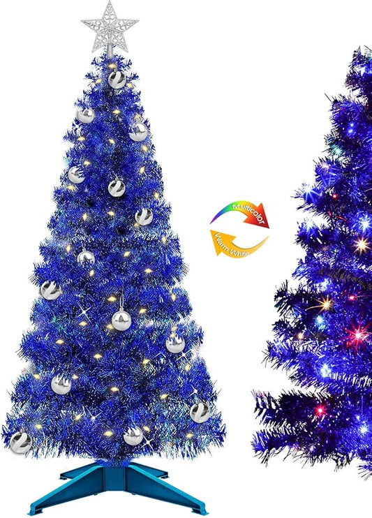 Dual Color Change & Timer 4 Ft Christmas Tree with 8 Mode 100 Warm White & Colorful Light 18 DIY Ball Ornaments 3D Star Battery Operated Small Xmas Tree Table Indoor Holiday Party Decor