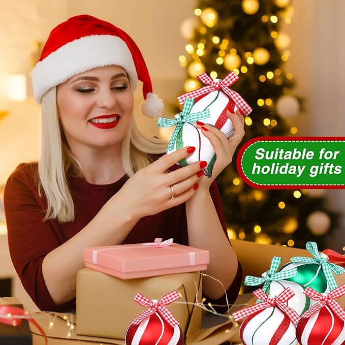 Syhood 24 Pcs Christmas Tree Ornaments, Christmas Ball Decorations Set, Shatterproof Baubles Xmas Tree Hanging Decor, Peppermint Candy Ball Red White Green Stripes Party Holiday(Bright,2.56 Inches)
