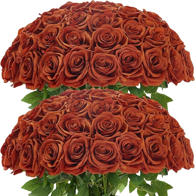 50Pcs Burnt Orange Roses Artificial Flowers Artificial Silk Roses Bulk,Fake Roses Flower with Stems Realistic Flowers for Wedding Centerpiece Home Party Decor