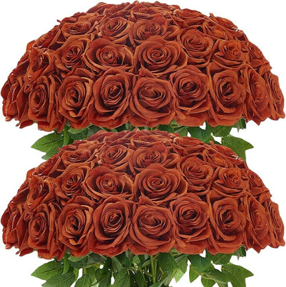 50Pcs Burnt Orange Roses Artificial Flowers Artificial Silk Roses Bulk,Fake Roses Flower with Stems Realistic Flowers for Wedding Centerpiece Home Party Decor