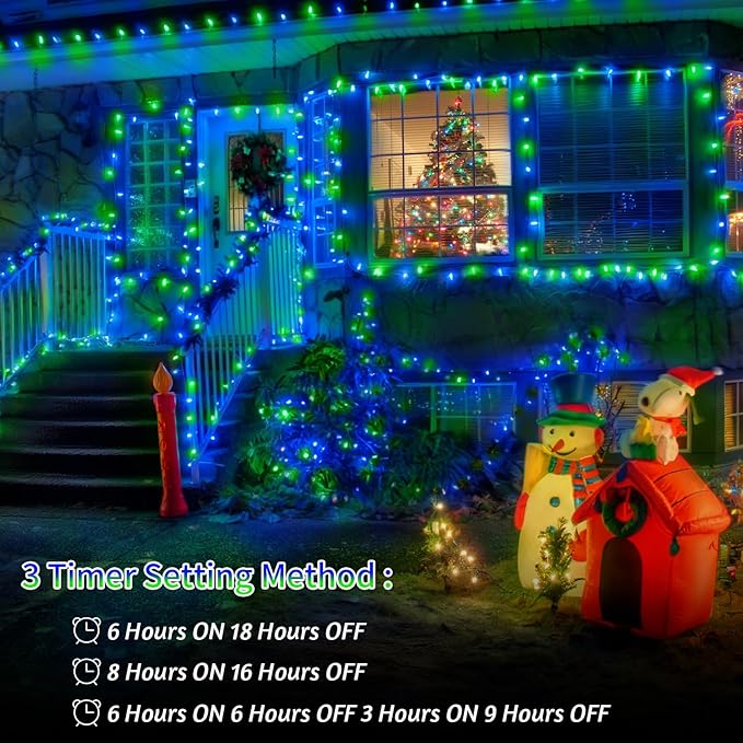 200 FT 500 LED Christmas Lights Outdoor Fairy Lights Plug In Extra Long String Lights Clear Wire Waterproof 8 Modes Timer for Outside House Tree Garden Yard Wedding Party Decorations-Blue & Green