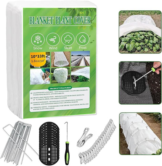 10 FT x 33 FT Plant Covers Freeze Protection kit - 1.8 oz/yd² Thickened Frost Cloths Blankets with Garden Row Cover Accessories for Outdoor Plants, Protect in Winter Cold/Sun Pests (White)