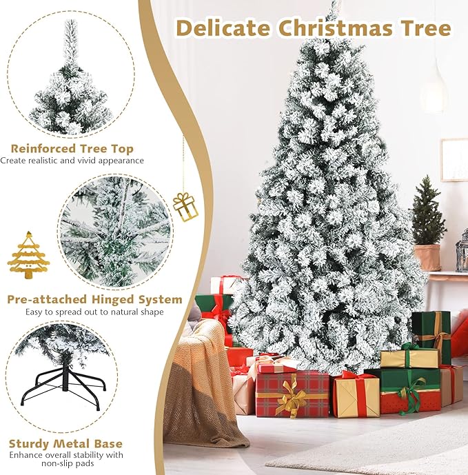 COSTWAY 6 FT Pre-Lit Christmas Tree, Snow Flocked Hinged Xmas Tree with 600 Branches Tips & 250 LED Lights, Metal Stand, Artificial Pine Lighted Holiday Tree for Home Office Decorations
