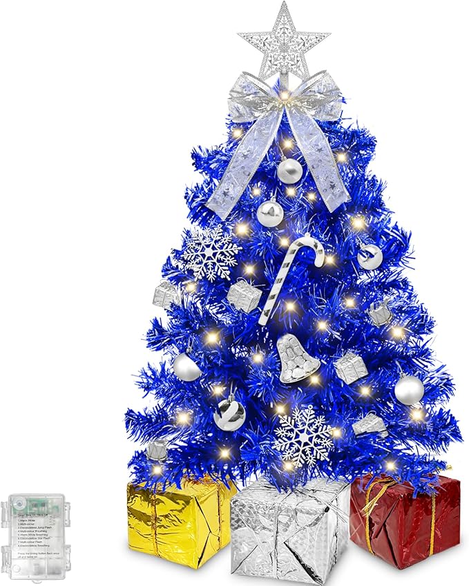 Timer - Hanukkah Decorations 24 Inch/2 FT Blue Tabletop Christmas Tree with Lights, 20 Warm White Lights 8 Mode, 27 Orantment Star Boxes Mini Small Christmas Tree Home Party Table Xmas Hanukkah Decor