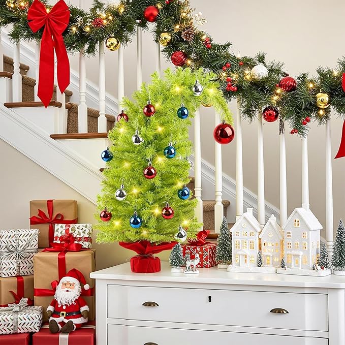 MACTING Mini Christmas Tree with 40 Lights, 2 FT Whimsical Curved Plastic Tree with Red Ball Top Christmas Tabletop Tree 8 Lighting Modes for Fireplace Desktop Home Indoor Xmas Decor(Lime Green)