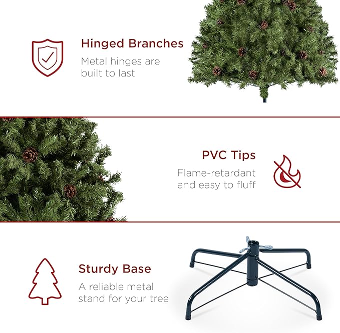 Best Choice Products 6ft Pre-Decorated Holiday Christmas Tree for Home, Office, Party Decoration w/1,000 Tips, Pinecones, Metal Base – Green