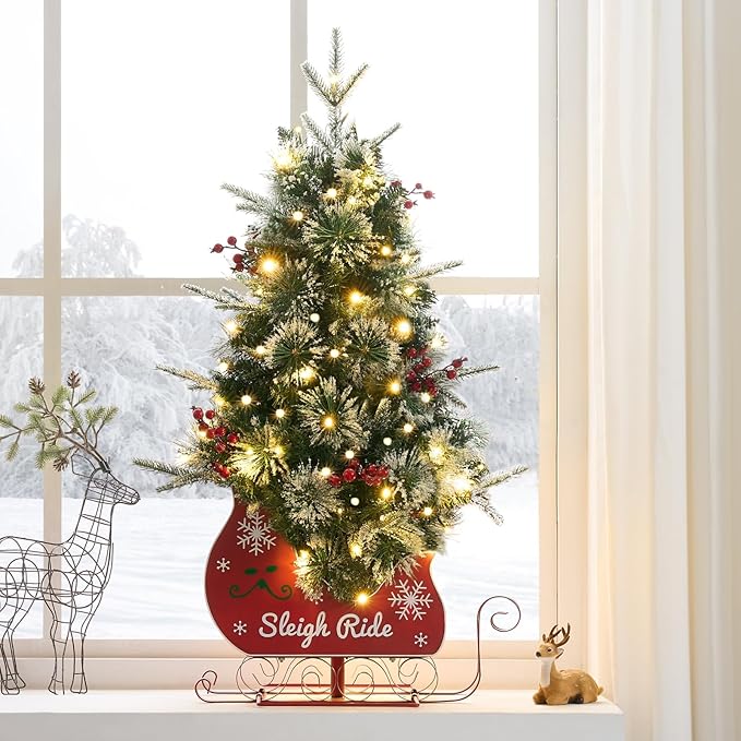 3FT Small Christmas Tree, Artificial Christmas Tree with 78 LED Lights & Bobsleigh Base, Prelit Mini Tree for Christmas Decor,Tabletop Christmas Tree, 8 Modes Remote Control, Timer Battery Operated