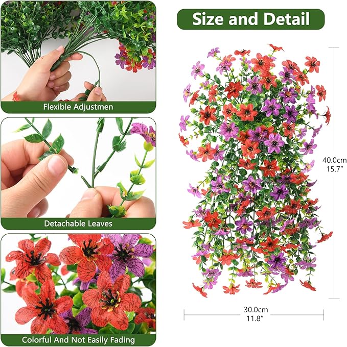 Artificial Fake Flowers Plants for Outdoor Spring Summer Decoration, 2 PCS Faux Silk Daisy Flower UV Resistant Look Real for Outside Patio Porch Garden Balcony Home Summer Decor(Red Purple)