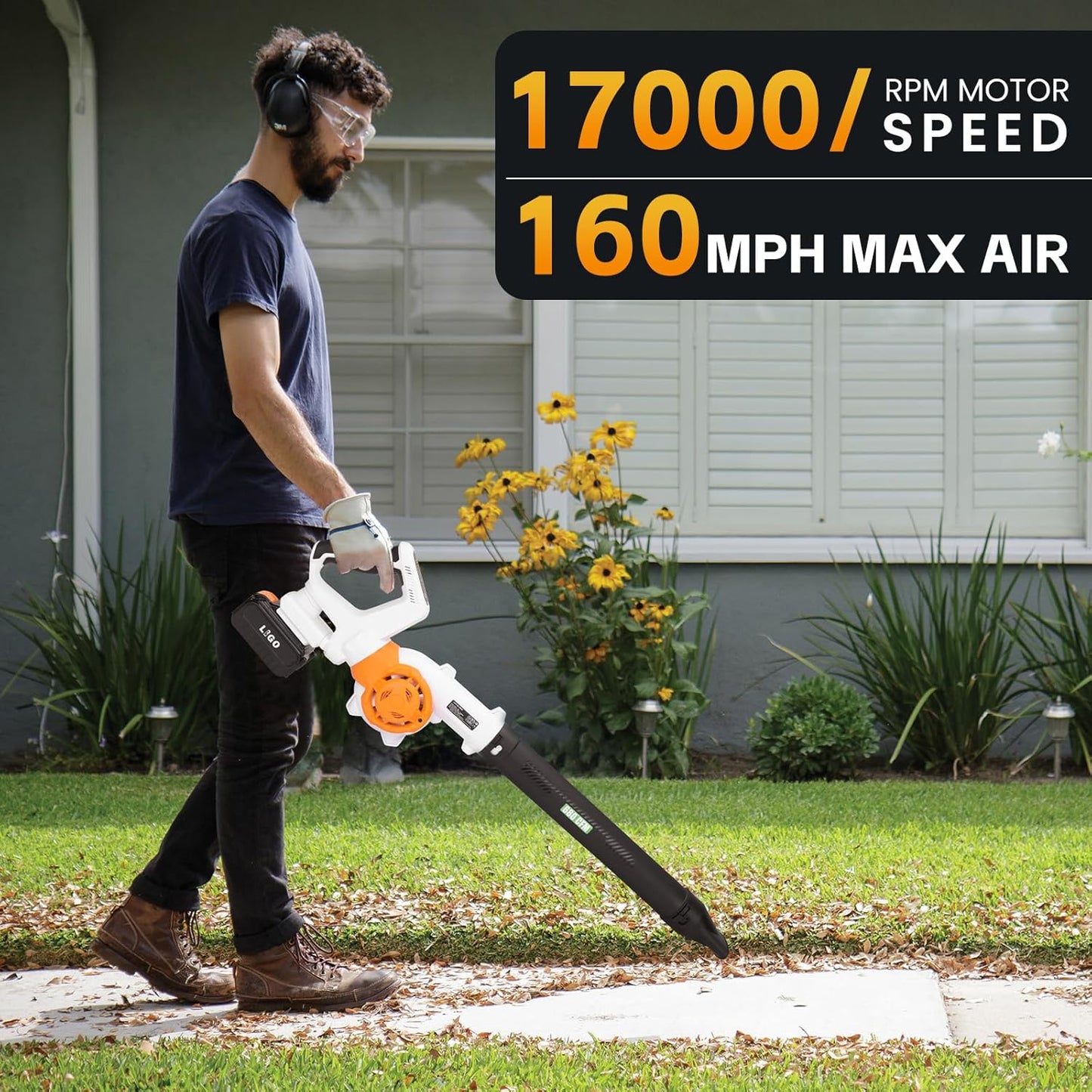 LIGO 20V Cordless Leaf Blower with 4.0Ah Battery, High-Speed Dual Fan, 3-Speed Memory & 180° Handle, 4 Nozzles with Extension Tube for Lawn, Workshop, Desktop