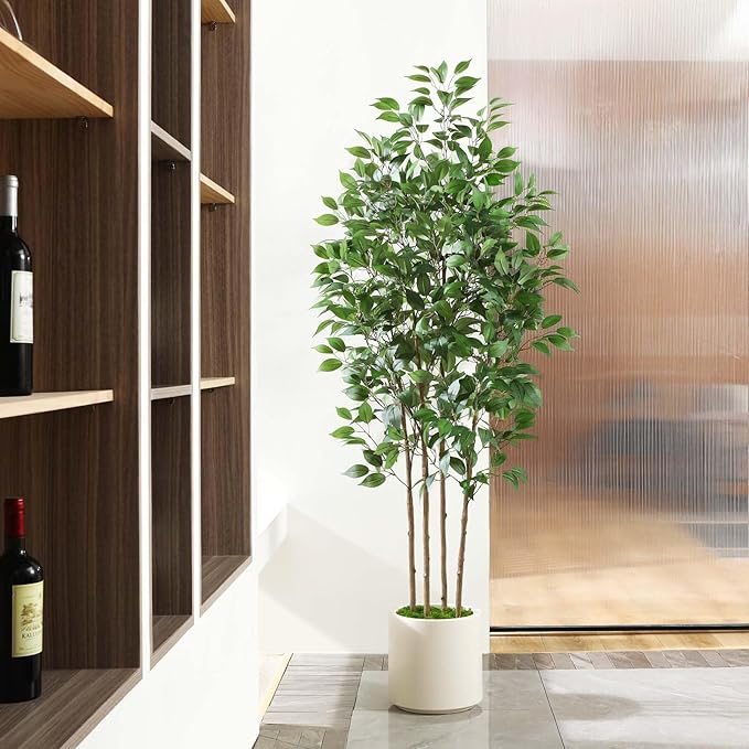 Ficus Artificial Tree 6ft Fake Silk Plant for Home Decor Indoor, Faux Floor Tree in White Imitation Ceramic Planter with Green Fake Moss for Home Office Corner Indoor Decor, Set of 1