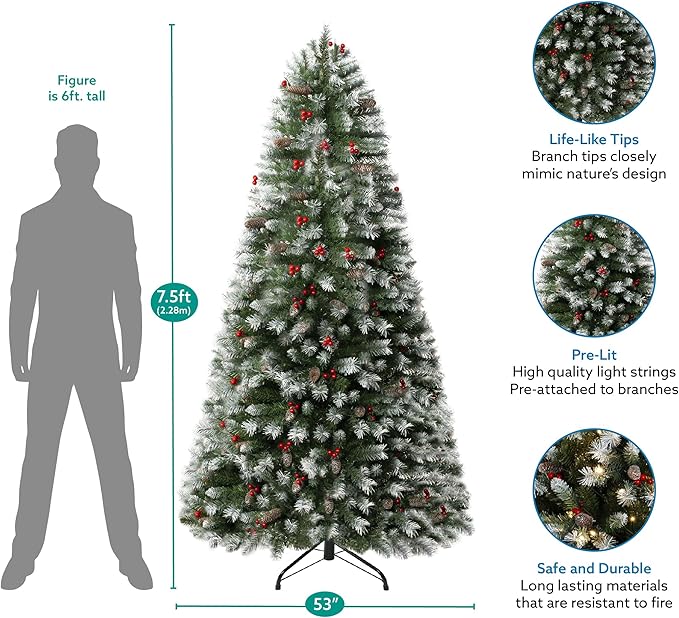 Vancouver 7.5ft Frosted Prelit Artificial Christmas Tree with Pine Cones,Faux Berries, Foot Pedal, 1346 Branch Tips,550 Warm Lights & Metal Stand, 53" Wide Realistic Decorated Spruce Christmas Tree
