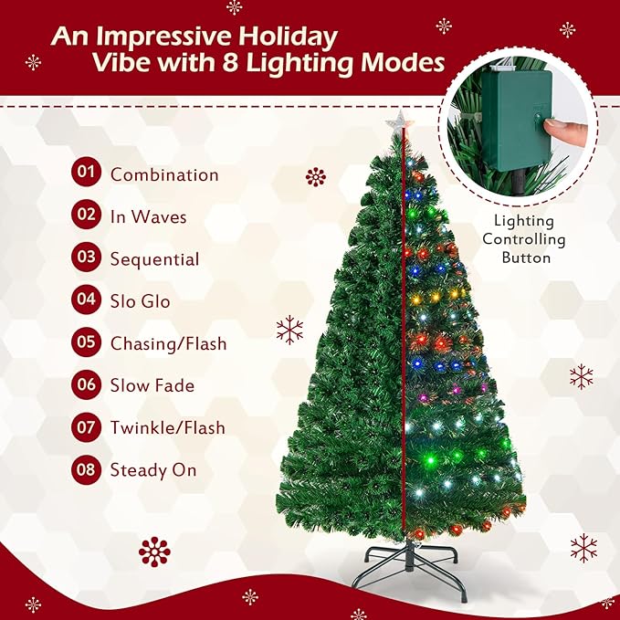 HAPPYGRILL 6FT Pre-Lit Fiber Optic Christmas Tree with Colorful LED Lights, 8 Lighting Modes, 230 Branch Tips, Foldable Metal Base, Pre-Lit Xmas Full Tree Decor for Office Home