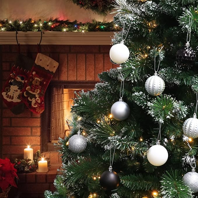 45Pcs 6cm Christmas Glitter Ball Ornaments, Shatterproof Plastic Xmas Tree Decorations for Holidays, Weddings, Parties - Black, White, Silver