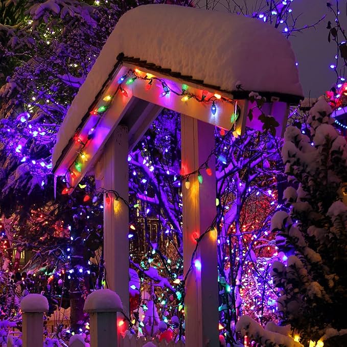 KAQ 2PK 100LED Multicolor C9 Christmas Lights Waterproof Indoor Outdoor, Extendable 98FT String Lights Plug in with 13 Lighting Modes, Christmas Decorations for Party Patio, Xmas Outside Yard Decor