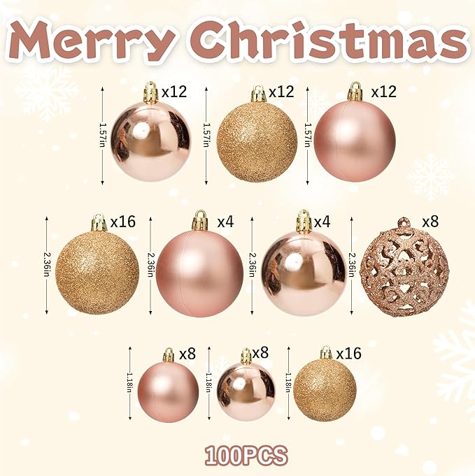 100-Pack Christmas Ball Ornaments for Tree,Shatterproof Plastic Holiday Baubles Set in Assorted Sizes and Finishes, Christmas Tree Decorations for Home, Office, Party, Indoor Outdoor Use