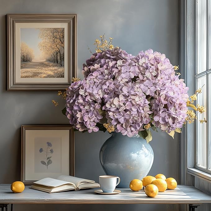 Artificial Flower Fake Silk Hydrangea Heads Bouquet With Stems Bulk for Fall Decoration Table Center Christmas Indoor Outdoor Faux Floral Realistic With Leaves Plants Crafts 8PCS(Pale Purple)