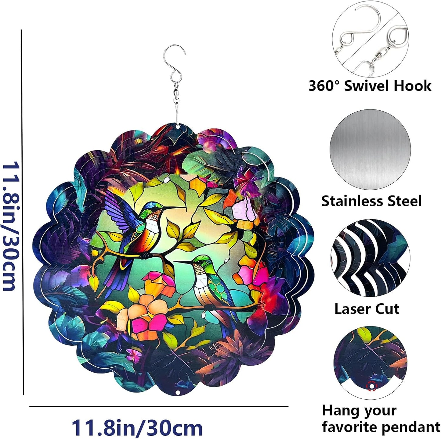 Wind Spinners Outdoor Hummingbird Art12 inch 3D Stainless Steel Laser Cut Metal Art Geometric PatternWind Sculpture Hanging for Yard Garden Decorations Wind Sculpture Gifts Outdoor