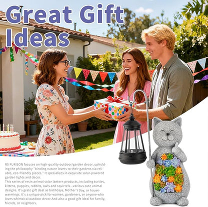 Solar Cat Garden Statue with Succulent Decor Hanging Lantern – Waterproof Resin Outdoor Figurine for Yard, Patio, Balcony – Gift for Cat Lovers, Gardeners