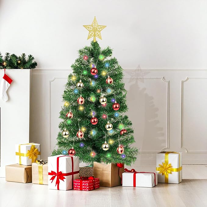 3 Feet Premium Green Christmas Tree 12 Modes Dual Color Change Timer DIY 50 Warm White & Multicolor Lights Star 15 Ball Ornaments Battery Operated Small Artificial Full Xmas Tree Table Home Indoor