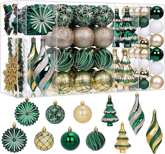 108 Pcs Christmas Ball Ornaments Set, Green and Gold Shatterproof Hand-Painted Hanging Bulbs Decoration for Xmas Tree, Wreath, Garland, Home Holiday Decor