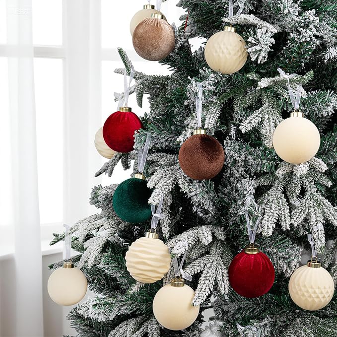 Festiva Christmas Tree Ornaments Velvet Balls - 12 Pcs Cream Shatterproof Christmas Tree Ornaments Velvet Balls, for Xmas Wedding Party Holiday Decorations (Gift Box)